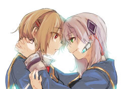 Rule 34 | 2girls, absurdres, arms around neck, blonde hair, blue jacket, commentary request, dirty, dirty face, dometan0 0, eye contact, face-to-face, forehead-to-forehead, glasses, green eyes, grey hair, hair ornament, hair over one eye, hair over shoulder, hairclip, heads together, heaven burns red, highres, izumi yuki (heaven burns red), jacket, kayamori ruka, long hair, long sleeves, looking at another, low-tied long hair, multiple girls, necktie, red eyes, red necktie, round eyewear, shirt, short hair, white shirt, yuri