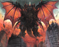 Rule 34 | absurdres, building, city, claws, crest, destoroyah, destruction, dusk, extra wings, flying, g.n.a, giant, giant monster, glowing, glowing eyes, glowing horn, godzilla (series), godzilla vs. destoroyah, highres, horns, kaiju, looking at viewer, looking down, low wings, monster, no humans, no pupils, orange eyes, overcast, pincers, single horn, sky, skyscraper, tail, toho, wings