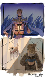 1boy 1girl arm_belt belt black_choker black_eyes blonde_hair brown_jacket brown_shorts cardinal_(ragnarok_online) choker closed_mouth commentary dated_commentary desert_wolf_(ragnarok_online) double_bun fake_wings fur-trimmed_sleeves fur_trim golden_wings hair_bun holding holding_lantern jacket lantern long_sleeves looking_afar looking_to_the_side ragnarok_online sash shirt short_hair shorts shrug_(clothing) upper_body white_belt white_sash white_shirt wind_hawk_(ragnarok_online) wings wolf_cub z.i