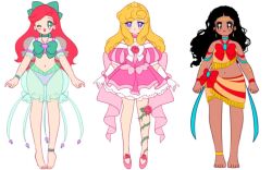 1990s_(style) 3girls adapted_costume animification anklet aqua_bow aqua_bowtie aqua_choker aqua_eyes aqua_shirt aqua_skirt ariel_(disney) aurora_(disney) back_bow bad_id bad_twitter_id bare_legs barefoot bikini black_hair blonde_hair blue_choker bow bow_choker bowtie bracelet bright_pupils brooch brown_eyes brown_shirt bubble_skirt choker clenched_hands closed_mouth collarbone commentary curly_hair dark-skinned_female dark_skin disney dot_nose dress earrings english_commentary eyelashes faux_retro_artstyle flat_color flower flower_brooch flower_on_leg footwear_flower frilled_dress frilled_skirt frilled_sleeves frills fringe_trim full_body gloves gold_anklet gold_earrings gold_tiara hair_bow happy heart heart_in_eye honeymoonpetal jewelry large_bow light_blush lipstick long_hair magical_girl makeup midriff mini_tiara miniskirt moana_(movie) moana_waialiki multiple_girls necklace off-shoulder_dress off_shoulder one_eye_closed open_mouth petticoat pink_bow pink_choker pink_dress pink_flower pink_lips pink_rose pink_shoes plant pleated_dress puffy_short_sleeves puffy_sleeves purple_bikini purple_brooch purple_eyes red_bow red_hair retro_artstyle rose see-through_clothes see-through_shirt see-through_skirt see-through_sleeves shell_brooch shirt shoes short_sleeves sidelocks simple_background skirt skirt_set sleeping_beauty_(disney) smile straight-on stud_earrings swimsuit symbol_in_eye tareme the_little_mermaid_(disney) thorns tiara toes vertical-striped_sleeves vines waist_bow wavy_hair white_background white_bow white_bowtie white_gloves white_pupils