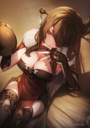 1girl beidou_(genshin_impact) black_boots black_gloves boots breasts brown_hair closed_mouth elbow_gloves eyepatch fingerless_gloves genshin_impact genyaky gloves hair_ornament hair_stick highres holding large_breasts long_hair looking_at_viewer one_eye_covered pelvic_curtain red_eyes signature solo thigh_boots thighs