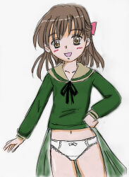 1girl black_ribbon blush bow bow_panties brown_eyes brown_hair collarbone crotch_seam green_shirt hair_bow hand_on_own_hip lace lace-trimmed_panties lace_trim long_hair long_sleeves looking_at_viewer maria-sama_ga_miteru midriff naitou_shouko navel neck_ribbon open_mouth panties pink_bow ribbon school_uniform shirt showgirl_skirt smile standing su_(pixiv_263717) underwear white_background white_bow white_panties