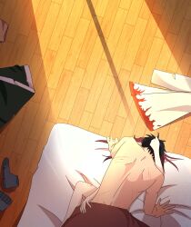 1boy 1girl absurdres black_hair cheating_(relationship) clothes_on_floor convenient_censoring grabbing_another&#039;s_hair highres naruto naruto_(series) non-web_source on_bed red_hair scratch_marks sex uchiha_obito uzumaki_kushina