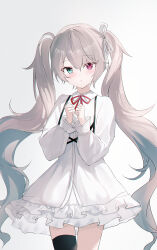 1girl 25-ji_miku absurdres black_thighhighs commentary cowboy_shot dress green_eyes grey_hair hair_ribbon hatsune_miku heterochromia highres long_hair looking_at_viewer parted_lips project_sekai red_eyes ribbon simple_background single_thighhigh solo standing thighhighs twintails usagi_(786113654) very_long_hair vocaloid white_background white_dress wrist_cuffs