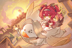 1girl black_bow bodysuit bow chinese_commentary commentary_request earrings flower hair_bow hairband headgear highres holding holding_flower jewelry long_hair looking_at_viewer lupa_(wuthering_waves) metal_hairband open_mouth outdoors red_hair red_pupils red_sash remirror riding riding_animal sash smile solo tacet_discord_(wuthering_waves) tail white_bodysuit wolf_tail wuthering_waves yellow_eyes