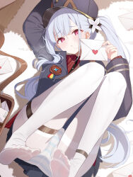 1girl anklet blue_panties blush collared_shirt commentary deyui envelope feet flower freesia_(stella_sora) full_body grey_hair grey_hat grey_jacket hair_flower hair_ornament hat highres holding holding_envelope indoors jacket jewelry legs_up long_hair long_sleeves looking_at_viewer lying miniskirt no_shoes on_back panties panties_under_pantyhose pantyhose parted_lips pinstripe_pattern pinstripe_shirt pleated_skirt red_eyes red_shirt shirt single_sidelock skirt soles stella_sora striped_clothes striped_panties thigh_strap thighlet toes twintails underwear very_long_hair white_panties