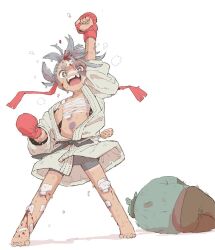 +_+ 1boy 1girl 999knight after_battle arm_up bandaid bandaid_on_cheek bandaid_on_face bandaid_on_forehead bandaid_on_leg bandaid_on_nose barefoot bike_shorts blood blood_on_face blood_on_leg bruise bruise_on_arm bruise_on_leg bruise_on_neck bruise_on_stomach bruised_eye budget_sarashi chest_sarashi colored_skin dougi flat_chest goblin green_skin grey_hair head_bump injury legs_apart long_sleeves looking_at_viewer lying martial_arts_belt missing_tooth on_side open_mouth original outstretched_arm oversized_clothes pants sarashi smile solo_focus standing sweat tan tanline toes