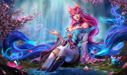 1girl absurdres ahri_(league_of_legends) animal_ear_fluff animal_ears ayu_(nancunyu) bell blue_butterfly blue_ribbon blue_tail breasts bug butterfly cherry_blossoms chinese_commentary cleavage closed_mouth commentary derivative_work ear_bell english_commentary facial_mark falling_petals fingernails flower fox_ears fox_girl fox_tail frog grass hair_bell hair_between_eyes hair_ornament hair_ribbon hand_up highres insect japanese_clothes jingle_bell kimono kitsune large_breasts league_of_legends league_of_legends:_wild_rift lips long_hair long_sleeves looking_at_viewer low_neckline mixed-language_commentary multiple_tails mushroom nail_polish petals pink_flower pink_hair pink_nails red_flower red_lips ribbon sitting soaking_feet solo spirit_blossom_(league_of_legends) spirit_blossom_ahri tail water whisker_markings wide_sleeves yellow_butterfly