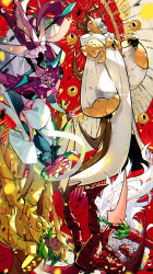 5others absurdly_long_hair ananas_dragon_cookie aqua_skin aqua_wings armor armored_bodysuit asymmetrical_bangs asymmetrical_clothes bare_shoulders black_brooch black_gloves black_leotard black_sclera black_shoes blonde_hair chromatic_aberration closed_mouth coat colored_eyelashes colored_sclera colored_skin commentary_request cookie_run cookie_run:_ovenbreak dragon_tail dragon_wings elbow_gloves eyeshadow falling fang flower food-themed_hair full_body gloves green_hair grey_skin guitar hair_flower hair_ornament hat helmet highres holding holding_guitar holding_instrument holding_sword holding_weapon horns humanization instrument k4m large_hat legs_up leotard lily_(flower) long_hair long_sleeves longan_dragon_cookie looking_ahead lotus_dragon_cookie lychee_dragon_cookie lying makeup multiple_others on_back open_clothes open_coat open_mouth other_focus pink_eyes pink_flower pink_hat pink_skin pink_tail pitaya_dragon_cookie puffy_long_sleeves puffy_sleeves red_armor red_background red_eyes red_helmet red_wings robe sharp_teeth shoes simple_background single_pantsleg skin-covered_horns sleeves_past_fingers sleeves_past_wrists sword tail teeth tongue tsurime upside-down very_long_hair weapon white_coat white_eyelashes white_hair white_robe wings yellow_armor yellow_eyes yellow_eyeshadow yellow_tail