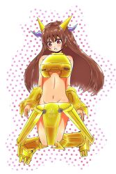 1girl armor blush brown_eyes brown_hair digimon embarrassed female_focus long_hair magnamon solo