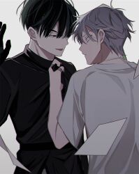 Rule 34 | 2boys, alien stage, black eyes, black gloves, black hair, black shirt, clenched hand, clothes pull, collar, commentary, fang, gloves, green eyes, grey hair, highres, ivan (alien stage), long sleeves, looking at another, male focus, multiple boys, red pupils, s301t9, shirt, short hair, short sleeves, simple background, smile, till (alien stage), tongue, tongue out, white background, white shirt, yaoi