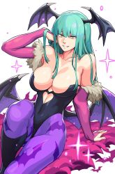 Rule 34 | 1girl, animal print, arm support, armpits, bare shoulders, bat (animal), bat print, bat wings, breasts, cleavage, clothing cutout, collarbone, demon girl, demon wings, detached sleeves, fur trim, green hair, grin, hair between eyes, hand in own hair, heart cutout, highleg, highleg leotard, highres, horns, large breasts, leotard, long hair, morrigan aensland, oetaro, pantyhose, simple background, sitting, smile, solo, sparkle, teeth, thighs, darkstalkers, white background, wide hips, wings, yellow eyes