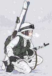 1girl ak-74m assault_rifle backpack bag beanie black_footwear black_gloves blue_eyes brown_hair camouflage camouflage_jacket camouflage_pants commentary_request from_side gloves goggles goggles_on_head gun half-closed_eyes hat highres holding holding_gun holding_weapon jacket kalashnikov_rifle kneeling long_sleeves military_combat_uniform military_uniform on_one_knee original outdoors pants rifle short_hair skis snow snow_camouflage snowing solo tactical_clothes tozaumo weapon weapon_request white_background white_hat