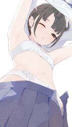 1girl black_eyes black_hair blue_skirt bra breasts clothes_lift clothes_pull commentary_request highres hiroki_(yyqw7151) lifting_own_clothes looking_at_viewer one_eye_closed original panties shirt_lift short_hair simple_background skirt skirt_pull small_breasts solo underwear undressing upshirt white_background white_bra white_panties