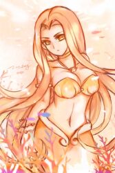 2girls bead_armlet bikini choker closed_mouth collarbone coral cowboy_shot eyelashes fins fish fish_tail frown highres jewelry lan_sing light_particles long_hair long_sidelocks mermaid mermaid_melody_pichi_pichi_pitch monster_girl multiple_girls navel necklace orange_bikini orange_choker orange_eyes orange_hair orange_tail orange_theme sara_(mermaid_melody_pichi_pichi_pitch) shell shell_bikini shell_necklace sidelocks speech_bubble stomach strapless strapless_bikini swimsuit tail tsurime underwater very_long_hair widow&#039;s_peak