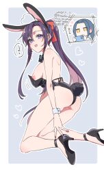 1boy 1girl ahoge alternate_costume animal_ears ass bare_arms bare_legs bare_shoulders black_bow black_bowtie black_hair black_leotard black_shoes blue_eyes blush border bow bowtie breasts chibi chibi_inset dated detached_collar earrings fake_animal_ears fake_tail from_behind genderswap genderswap_(mtf) grey_background hair_ribbon heart heart_ahoge high_heels highres holding holding_phone jewelry kimako_(kimako_8) kneeling lan_wangji large_breasts leotard long_hair looking_at_viewer looking_back modao_zushi nail_polish nipple_slip nipples open_mouth outside_border phone playboy_bunny ponytail purple_eyes rabbit_ears rabbit_tail red_nails red_ribbon ribbon shoes sidelocks smile solo_focus speech_bubble strapless strapless_leotard tail taking_picture twitter_username very_long_hair watermark wei_wuxian white_border wrist_cuffs yellow_eyes
