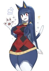 1girl animal_hands black_dress blue_hair breasts cat_girl cat_paws claws copyright_request dress furry furry_female highres large_breasts light_smile long_hair open_mouth red_dress red_eyes sparkle togetoge waving white_background wide_hips