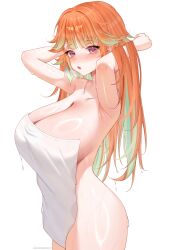 1girl :o absurdres armpits arms_up blush breasts cleavage collarbone commentary curvy green_hair hair_down highres hololive hololive_english large_breasts long_hair looking_at_viewer multicolored_hair naked_towel orange_hair purple_eyes simple_background sinonamon solo symbol-only_commentary takanashi_kiara towel two-tone_hair very_long_hair virtual_youtuber wet wet_hair white_background