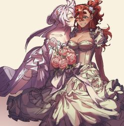 2girls blue_eyes blush bouquet breasts choker cleavage closed_eyes collarbone commentary dark-skinned_female dark_skin dress female_focus flower gundam gundam_suisei_no_majo hashtag-only_commentary highres holding holding_bouquet large_breasts long_hair medium_breasts miorine_rembran multiple_girls off-shoulder_dress off_shoulder one_eye_closed pink_flower pink_rose red_hair rose simple_background suletta_mercury thick_eyebrows thigh_strap tkffuwnj_ing wedding_dress white_choker white_dress white_hair wife_and_wife yellow_background yuri