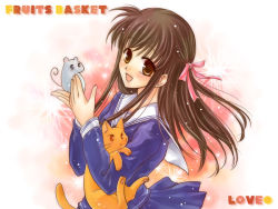 1girl :d blush brown_eyes brown_hair cat copyright_name english_text floating_hair fruits_basket honda_tooru long_hair long_sleeves mouse_(animal) open_mouth papuru pink_ribbon ribbon smile sohma_kyou souma_yuki