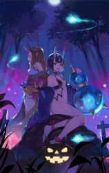 2girls absurdres anklet arm_at_side beads black_gloves blonde_hair blunt_bangs breasts bridal_gauntlets chinese_clothes closed_mouth colored_skin cup dudou earrings eyeliner facial_mark fangs fate/grand_order fate_(series) forehead_mark forest gloves gourd hair_pulled_back halloween halterneck headpiece highres hitodama holding holding_cup holding_gourd horns ibaraki_douji_(fate) japanese_clothes jewelry kimono looking_ahead looking_at_viewer makeup multicolored_skin multiple_girls nature night no_eyebrows off_shoulder on_rock oni open_clothes open_kimono open_mouth outdoors pointy_ears prayer_beads pumpkin purple_eyes red_skin revealing_clothes sakazuki shuten_douji_(fate) sideboob sitting skin-covered_horns small_breasts smile sphere_earrings standing tombstone ugusu24 yellow_eyes yellow_kimono yokozuwari
