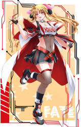 1girl alternate_costume alternate_hairstyle bare_shoulders belt black_boots black_gloves black_skirt blush boots brown_thighhighs cape character_name commentary_request cropped_shirt detached_collar fingerless_gloves full_body gloves hair_ornament hand_up highres leotard leotard_under_clothes long_hair looking_at_viewer lyrical_nanoha mahou_shoujo_lyrical_nanoha mahou_shoujo_lyrical_nanoha_strikers miniskirt navel one_side_up open_mouth paid_reward_available parted_bangs pleated_skirt print_shirt red_cape red_hair see-through_clothes see-through_leotard shirt skirt solo sougetsu_izuki standing standing_on_one_leg thighhighs twintails two-sided_cape two-sided_fabric white_cape
