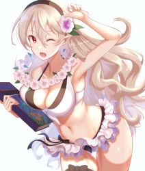 1girl ;d bikini bikini_skirt black_bikini black_bow black_hairband book bow breasts cleavage collarbone corrin_(female)_(fire_emblem) corrin_(female)_(novice_vacationer)_(fire_emblem) corrin_(fire_emblem) cowboy_shot fire_emblem fire_emblem_fates fire_emblem_heroes floating_hair flower hair_between_eyes hair_flower hair_ornament hairband holding karashino large_breasts long_hair looking_at_viewer multicolored_bikini navel nintendo official_alternate_costume one_eye_closed open_mouth pointy_ears red_eyes shiny_skin silver_hair smile solo standing swimsuit thigh_gap two-tone_bikini very_long_hair white_bikini white_flower