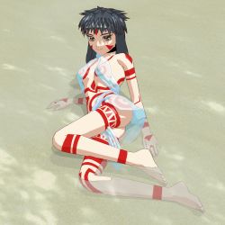 1990s_(style) 1girl 3d arm_support ass barefoot beach black_hair bodypaint brown_eyes female_focus headband highres long_hair lying neo_ranga on_side retro_artstyle see-through_clothes shimabara_yuuhi smile solo tribal water