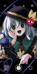 2girls black_hairband black_hat blue_shirt buttons diamond_button eyeball fake_phone_screenshot fake_screenshot fourth_wall frilled_shirt_collar frilled_sleeves frills green_eyes green_hair hair_ornament hairband hand_on_own_cheek hand_on_own_face hat hat_ribbon heart heart_hair_ornament heart_of_string highres koishi_day komeiji_koishi komeiji_satori multiple_girls pink_eyes pink_hair ribbon shirt smile third_eye tiranaihana touhou yellow_ribbon yellow_shirt
