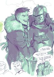 2boys beard coat collage connected_beard couple crusader_(darkest_dungeon) darkest_dungeon doodle_inset drunk english_text gloves green_theme helmet highwayman_(darkest_dungeon) knight laughing male_focus mature_male monochrome monstyra multiple_boys short_hair speech_bubble squeans yaoi