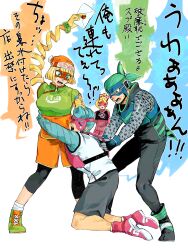 2boys 2girls absurdres arms_(game) arms_around_another&#039;s_waist blonde_hair blue_hair bracelet colored_extremities crying eye_mask grabbing_another&#039;s_hair green_eyes green_shoes highres jewelry kakiyakee_(k_key_5) kneeling leggings_under_shorts min_min_(arms) multiple_boys multiple_girls ninjara_(arms) ribbon_girl_(arms) shoes short_hair shorts spring_man_(arms) stretched_limb