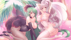 2girls absurdly_long_hair absurdres all_fours alternate_costume arms_behind_head ass azur_lane bare_shoulders black_choker black_footwear black_gloves black_leotard breasts choker cleavage couch elbow_gloves fishnet_legwear fishnets garter_straps gloves green_hair grey_eyes grey_hair hair_ornament headset high_heels highleg highleg_leotard highres huge_breasts indoors leotard littorio_(azur_lane) long_hair looking_at_viewer microphone multicolored_hair multiple_girls palm_leaf pantyhose purinmallow red_eyes red_hair see-through_clothes shoes strapless strapless_leotard streaked_hair thighhighs tutu two-tone_hair very_long_hair vittorio_veneto_(azur_lane) white_footwear white_gloves white_legwear white_leotard