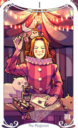 1boy ace_attorney ace_attorney_investigations ace_attorney_investigations_2:_prosecutor&#039;s_gambit animal animal_on_head arm_up bell card_(medium) cat chessboard chisel circus_tent closed_eyes clown clown_boy envelope facepaint facial_mark hand_on_table holding male_focus medium_hair monkey neck_ruff on_head parted_bangs pig red_hair saginoko sarushiro_souta solo spoilers string_of_light_bulbs striped_clothes table tarot teardrop_facial_mark the_magician_(tarot) vertical-striped_clothes white_facepaint