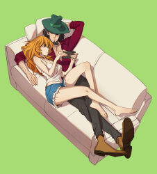 1boy 1girl absurdres arm_behind_head arm_hair barefoot black_hair black_pants blue_shorts breasts brown_footwear cellphone chest_hair cleavage closed_mouth couch from_above green_background green_headwear halorane hetero highres holding holding_phone jigen_daisuke large_breasts long_legs lupin_iii lying midriff_peek mine_fujiko on_side orange_hair pants pectoral_cleavage pectorals phone pillow red_shirt shirt shorts smartphone toenails white_shirt