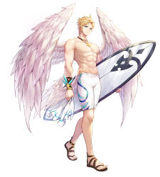 1boy abs absurdres angel angel_wings arch_(king&#039;s_raid) blonde_hair blue_eyes bracelet brown_sandals commentary english_commentary feathered_wings full_body highres holding holding_surfboard holding_towel jewelry king&#039;s_raid lagna low_wings male_swimwear muscular muscular_male necklace official_alternate_costume official_art pectorals pointy_ears sandals short_hair smile solo star_(symbol) star_necklace surfboard towel walking white_male_swimwear white_wings wings