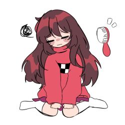 1girl blush_stickers brown_hair closed_eyes commentary emphasis_lines english_commentary full_body hair_brush highres long_hair madotsuki no_shoes red_sweater rosse_chan sitting socks solo sweater wariza white_socks yume_nikki