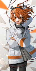 1girl a.i._voice adachi_rei ahoge black_pants coat folivora_zzzz gloves hair_between_eyes hairband headlamp highres long_sleeves looking_at_viewer open_mouth orange_eyes orange_hair pants paper radio_antenna short_hair solo white_background white_coat white_gloves