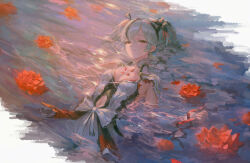 1girl black_eyes black_flower blake_bloom_(wuthering_waves) breasts camellya_(wuthering_waves) closed_mouth clothing_cutout collar commentary ddcc0123 dress earrings flower gold_earrings hair_flower hair_ornament hashtag-only_commentary highres jewelry looking_at_viewer lying navel on_back partially_submerged red_pupils short_hair short_twintails small_breasts smile solo stomach_cutout twintails white_collar white_dress wuthering_waves