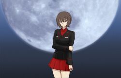 1girl ayanami_rei black_jacket breast_pocket breasts brown_eyes brown_hair closed_mouth cross dress_shirt full_moon girls_und_panzer hair_between_eyes hand_on_own_arm highres iron_cross jacket kuromorimine_military_uniform long_sleeves looking_at_viewer military military_uniform miniskirt mito_(mitotank) moon moonlight neon_genesis_evangelion night nishizumi_maho pleated_skirt pocket red_shirt red_skirt shirt short_hair skirt solo standing