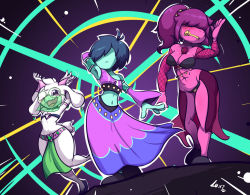 1boy 1girl 1other abs androgynous bare_shoulders belly_dancer blue_hair blush bracelet bracer breasts cleavage colored_skin crossdressing curvy dancer dancing deltarune detached_sleeves dinosaur earrings fishnets glasses goat goat_boy green_loincloth harem_outfit horns jewelry kris_(deltarune) midriff mouth_veil multiple_boys muscular muscular_female omegaluxifer open_mouth purple_hair ralsei skirt strapless susie_(deltarune) tail thick_thighs thighs tube_top veil