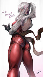 Rule 34 | 1girl, absurdres, artist name, ass, bare back, black gloves, blush, bodysuit, breasts, commentary, commission, commissioner name, feet out of frame, from behind, gloves, gradient background, hair between eyes, highres, impossible bodysuit, impossible clothes, large breasts, long hair, long sleeves, looking back, multicolored hair, original, pants, pocket, ponytail, purple streaks, red bodysuit, red eyes, red pants, sidelocks, skeb commission, skin tight, soleil (soleilmtfbwy03), solo, two-tone hair, white background, white hair, white sleeves
