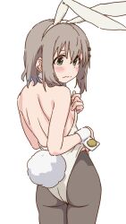 Rule 34 | 1girl, animal ear hairband, animal ears, ass, back cutout, black pantyhose, blush, clothing cutout, detached collar, embarrassed, fake animal ears, fake tail, from behind, green eyes, grey hair, hair ornament, hairband, hairclip, highres, leotard, nontraditional playboy bunny, pantyhose, parallel hairclips, playboy bunny, rabbit ear hairband, rabbit ears, rabbit tail, short hair, simple background, solo, tail, wavy mouth, white background, wrist cuffs, yama no susume, ykr (youkiri), yukimura aoi
