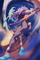 1girl animal_ears aqua_hair aqua_nails artist_name chinese_new_year chinese_zodiac commentary detached_collar english_commentary highres kine leotard mallet new_year original playboy_bunny rabbit_ears rabbit_girl rabbit_tail rim_jims solo strapless strapless_leotard tail toned toned_female wrist_cuffs year_of_the_rabbit
