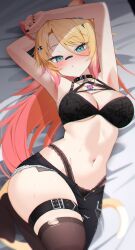 1girl aamana0 animal_ears aqua_eyes arm_behind_back asymmetrical_clothes bandaid bandaid_on_face bandaid_on_nose belt belt_collar black_bra black_collar black_nails black_panties black_pants black_shorts blonde_hair blush bra breasts cat_ears cat_girl cat_necklace cat_tail collar freckles gradient_hair hair_between_eyes hair_ornament highres indie_virtual_youtuber long_hair lying medium_breasts multicolored_hair navel obkatiekat on_back open_fly panties pants pink_hair shorts single_pantsleg solo sweat tail thigh_belt thigh_strap thighhighs torn_clothes torn_thighhighs underwear virtual_youtuber zipper_pull_tab
