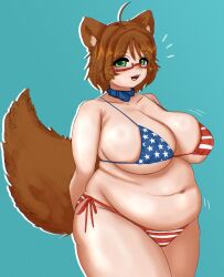 1girl :3 american_flag american_flag_bikini american_flag_print animal_ears arms_behind_back belly belt_collar bikini biligbilig blue_background breasts brown_hair cleavage collar dog_ears dog_girl dog_tail fat fat_woman flag_print flag_print_bikini glasses green_eyes huge_breasts indie_virtual_youtuber mint_castella navel open_mouth plump print_bikini rectangular_eyewear red-framed_eyewear semi-rimless_eyewear short_hair side-tie_bikini_bottom solo standing swimsuit tail thick_thighs thighs under-rim_eyewear virtual_youtuber