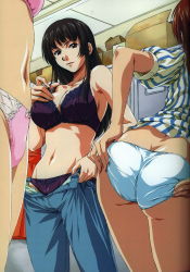 Rule 34 | 3girls, ass, black bra, black panties, blouse, bow, bow panties, bra, butt crack, clothes pull, denim, grabbing own ass, groin, highres, horibe hiderou, jeans, lace, lace-trimmed bra, lace-trimmed panties, lace trim, lingerie, locker, locker room, multiple girls, navel, panties, pants, pants pull, panty pull, pink bra, pink panties, pulling own clothes, shirt, solo focus, standing, thighs, underwear, underwear only, undressing, wedgie, white panties