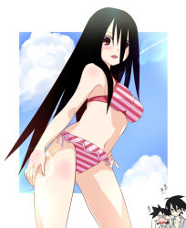 ! 00s 1girl 2boys bikini black_hair breasts cloud covering_privates covering_face covering_own_eyes day ekra glasses itoshiki_majiru itoshiki_nozomu komori_kiri long_hair looking_at_viewer medium_breasts multiple_boys navel outdoors red_eyes sayonara_zetsubou_sensei short_hair sky swimsuit