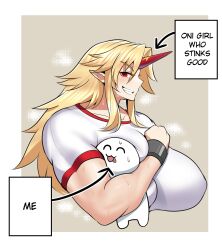 1girl 1other ^_^ absurdres altronage arrow_(symbol) artist_self-insert blonde_hair blush breast_smother breasts brown_background closed_eyes commentary cuffs english_commentary english_text face_to_breasts fang grin highres horns hoshiguma_yuugi huge_breasts licking long_hair muscular muscular_female oni pointy_ears profile red_eyes red_horns shirt short_sleeves sidelocks simple_background single_horn smell smile steaming_body sweat teeth tongue tongue_out touhou upper_body very_long_hair white_shirt
