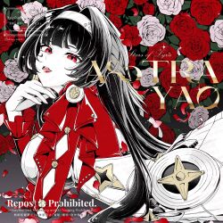 1girl astra_yao black_hair blunt_sidelocks character_name dress flower hair_intakes hairband highres kiguchi_hikaru long_hair looking_at_viewer lying on_stomach open_mouth red_eyes red_flower red_rose red_shrug rose sidelocks uneven_bangs upper_body white_dress white_hairband zenless_zone_zero