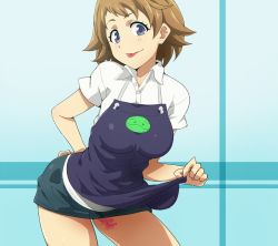Rule 34 | 10s, 1girl, :p, apron, arrow (symbol), blue eyes, breasts, brown hair, collared shirt, contrapposto, cowboy shot, earrings, english text, female focus, gundam, gundam build divers, hairu, hand on own hip, haro, heart, jewelry, medium breasts, miniskirt, nanase nanami (gundam build divers), pencil skirt, shirt, short hair, short sleeves, skirt, solo, standing, tattoo, tongue, tongue out, white shirt